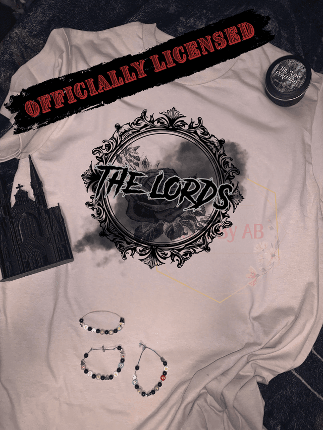 Cream The Lords tee with an ornate rose frame