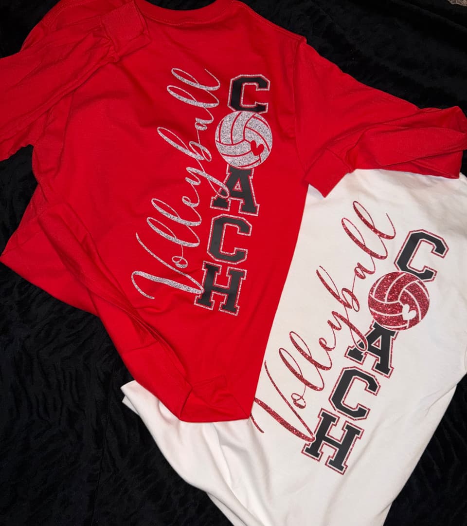 Matching Volleyball Coach tees in red and white