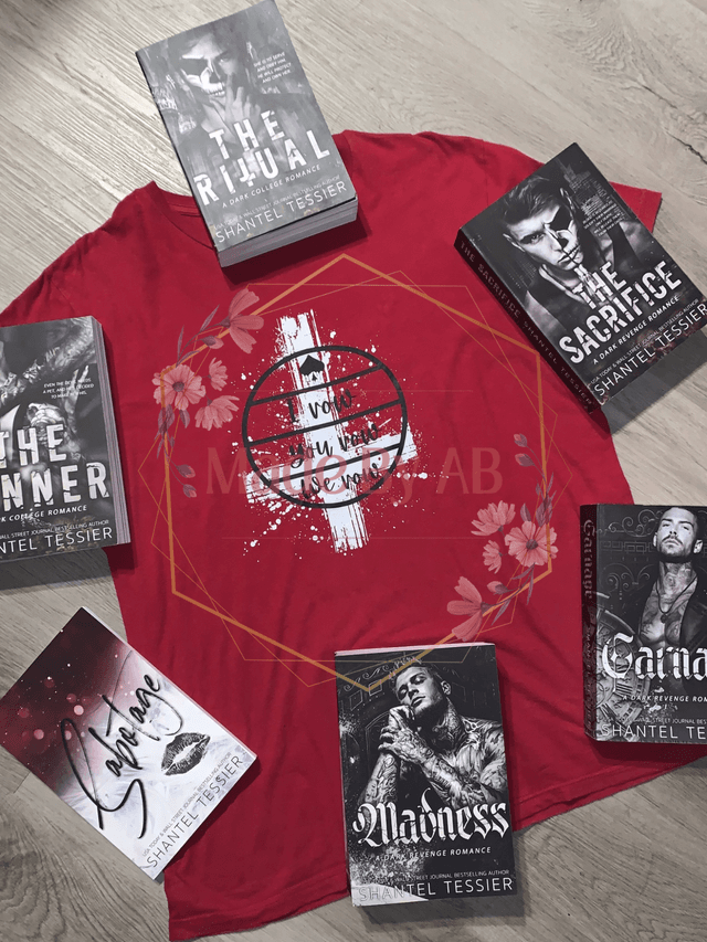 Red I vow you vow we vow tee surrounded by Shantel Tessier books